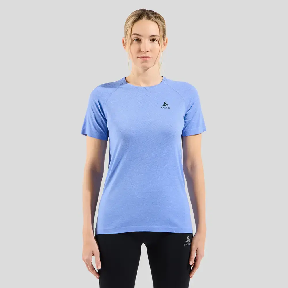 Odlo Essential Seamless Hardloopshirt Korte Mouwen Blauw Melange Dames koop je bij Futurumshop
