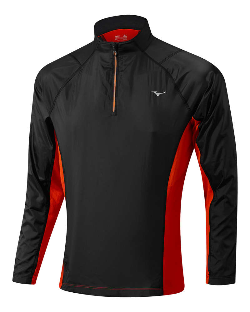 Mizuno Breath Thermo Storm Windtop Shirt Lange Mouwen Zwart Oranje