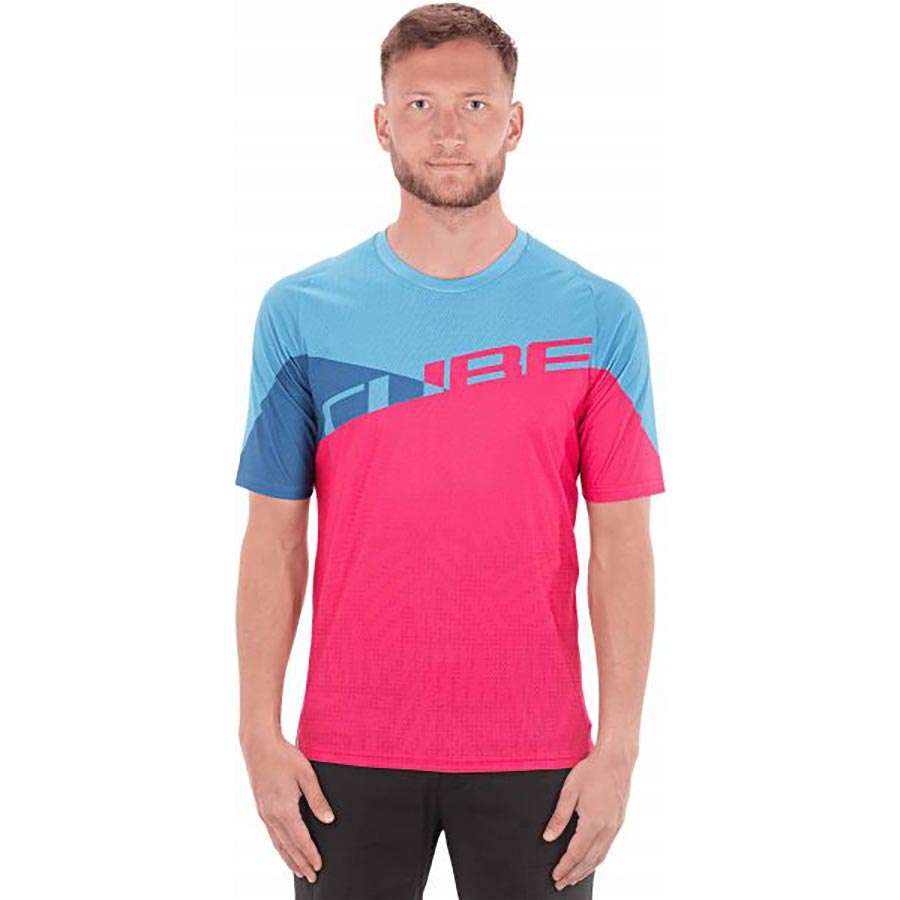 Cube Edge Round Neck MTB Fietsshirt Korte Mouwen Blauw/Roze Heren